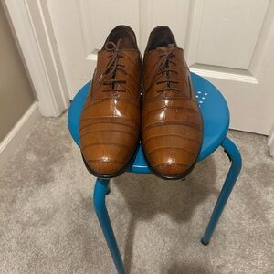 Paul Fredrick Tan Crocodile Pattern Oxfords